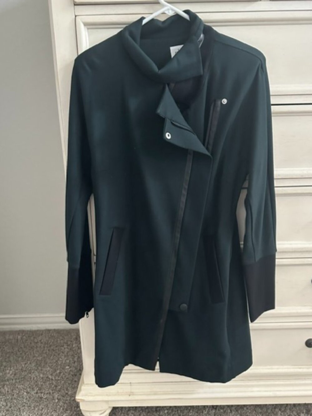 CAbi Hunter Green Longline Cabi Jacket with Leather Trim | Size Small